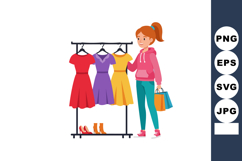 Woman shopping colorful dresses in store rack with red purpl Product Image 1