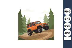 Off-road orange suv climbing muddy hill in pine forest adven Product Image 1