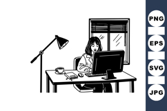 Black And White Woman Working At Desk Illustration Product Image 1