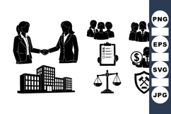 Business Team Silhouettes With Legal And Finance Icons Product Image 1