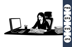 Minimalist Woman Reading At Office Desk Illustration Product Image 1