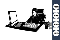 Black And White Woman Working At Office Vector Illustration Product Image 1