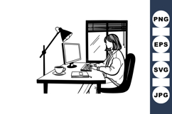 Hand Drawn Woman Working At Desk Clipart Product Image 1