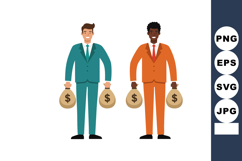 Businessmen holding money bags in teal and orange suits stan Product Image 1