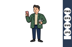 Young man holding coffee cup and smartphone casual outfit ve Product Image 1