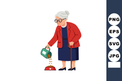 Elderly woman feeding dog food with cane in red jacket and n Product Image 1