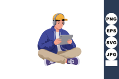Young man wearing headphones sitting cross-legged using tabl Product Image 1