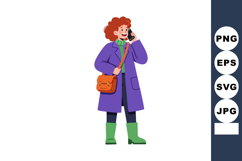 Woman with curly hair in purple coat and green boots talking Product Image 1