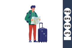 Young traveler with backpack and suitcase reading map for tr Product Image 1