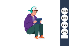 Young man wearing purple hoodie and teal headphones using ta Product Image 1