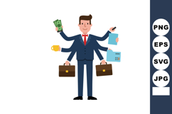 Businessman multitasking with six arms holding money coffee Product Image 1