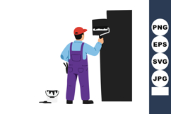 Painter in red cap applying black paint with roller on wall Product Image 1