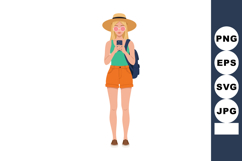 Young woman in orange shorts and hat using smartphone vector Product Image 1