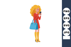 Woman in red dress using smartphone with blue handbag and ye Product Image 1