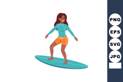 Woman Surfing on Blue Surfboard Wearing Orange Shorts and Bl Product Image 1