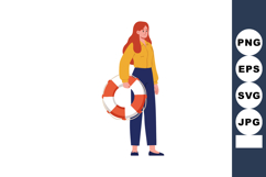 Woman holding lifebuoy standing with red hair yellow shirt a Product Image 1