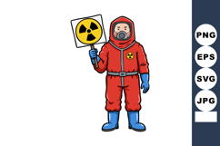 Person in red hazmat suit holding radiation warning sign vec Product Image 1