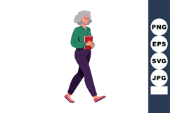 Woman walking holding book in green blouse and purple pants Product Image 1