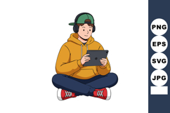 Young person sitting cross-legged using tablet with headphon Product Image 1