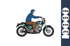Man riding motorcycle with flame design on green body wearin Product Image 1