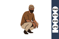 Man wearing brown beanie hat and face mask squatting in casu Product Image 1