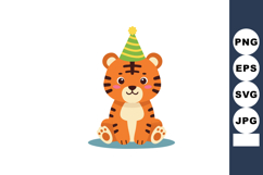 Cute tiger cub wearing green and yellow party hat isolated o Product Image 1