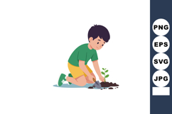 Boy gardening planting young green seedling in soil with sma Product Image 1