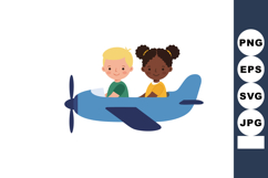 Two children flying blue airplane vector illustration with h Product Image 1