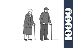 Elderly man and woman walking with canes in simple monochrom Product Image 1