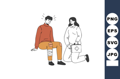Injured man with bandaged leg receiving first aid from femal Product Image 1
