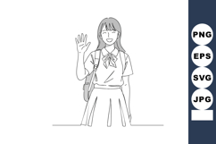 Smiling schoolgirl waving hand with backpack in casual unifo Product Image 1