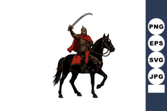 Medieval warrior on horseback raising sword in battle-ready Product Image 1