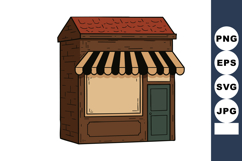 Small wooden shop with striped awning and green door in vint Product Image 1