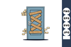Blue wooden door with nailed planks and metal handle on bric Product Image 1
