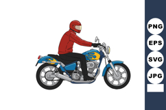 Motorcycle rider wearing red helmet and jacket on blue bike Product Image 1