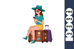 Young woman traveler sitting on brown suitcase with purple l Product Image 1