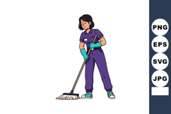 Woman cleaning floor with mop in purple uniform and gloves v Product Image 1