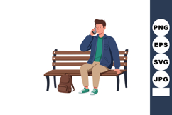 Young man sitting on park bench talking on phone casual outf Product Image 1