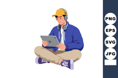 Young man sitting cross-legged using tablet wearing headphon Product Image 1