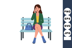 Woman sitting on bench talking on phone with handbag beside Product Image 1