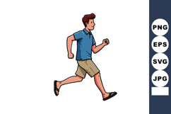 Man running in blue shirt and beige shorts casual summer out Product Image 1