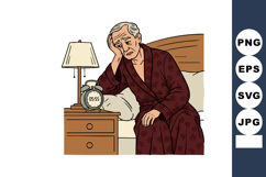 Elderly man sleepless in early morning sitting on bed in rob Product Image 1