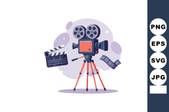 Vintage movie camera with tripod film reel and clapperboard Product Image 1