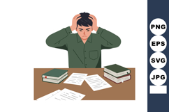 Young man stressed studying with books and papers feeling ov Product Image 1