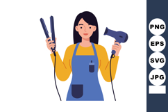 Woman holding hair dryer and hair straightener in blue apron Product Image 1