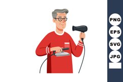 Older man holding iron and hairdryer preparing for grooming Product Image 1