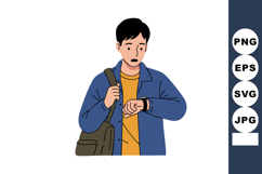 Young man checking time on wristwatch wearing blue jacket an Product Image 1