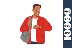 Worried man checking time on smartwatch wearing red jacket a Product Image 1