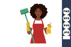 Woman holding mop and spray bottle wearing red apron and yel Product Image 1