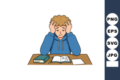 Stressed young man studying with books and pencil sitting at Product Image 1